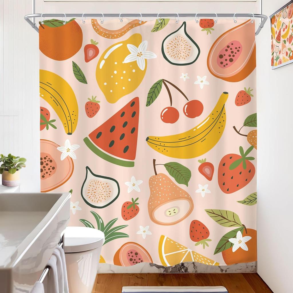 Fruit Summer Shower Curtain Strawberry Watermelon Tropical Kids Cute Papaya Lemon Pitaya Cherry Cartoon Colorful Waterproof