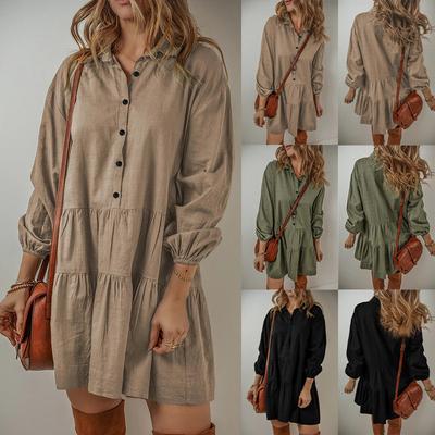 Women's Solid Color Long Sleeve Lapel Button Loose Short Dress