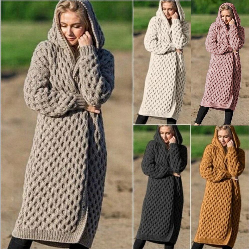 Women's Hooded Long Knitted Cardigan Coat - Autumn/Winter 2025 Collection