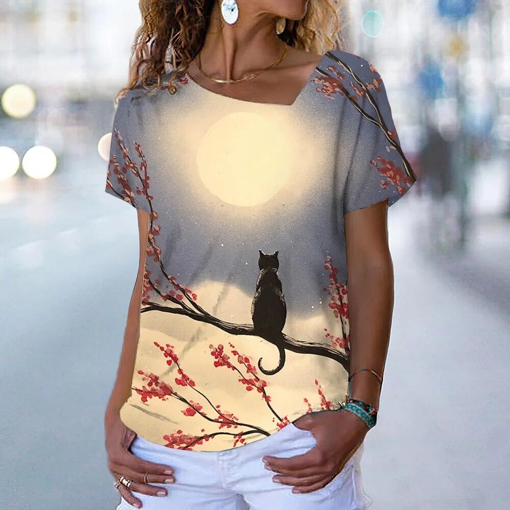 Cartoon Kätzchen Gedruckt frauen T-shirt Tops Sommer Mode Streetwear Slash Neck Casual Kurzarm Bluse Weibliche Harajuku Tees