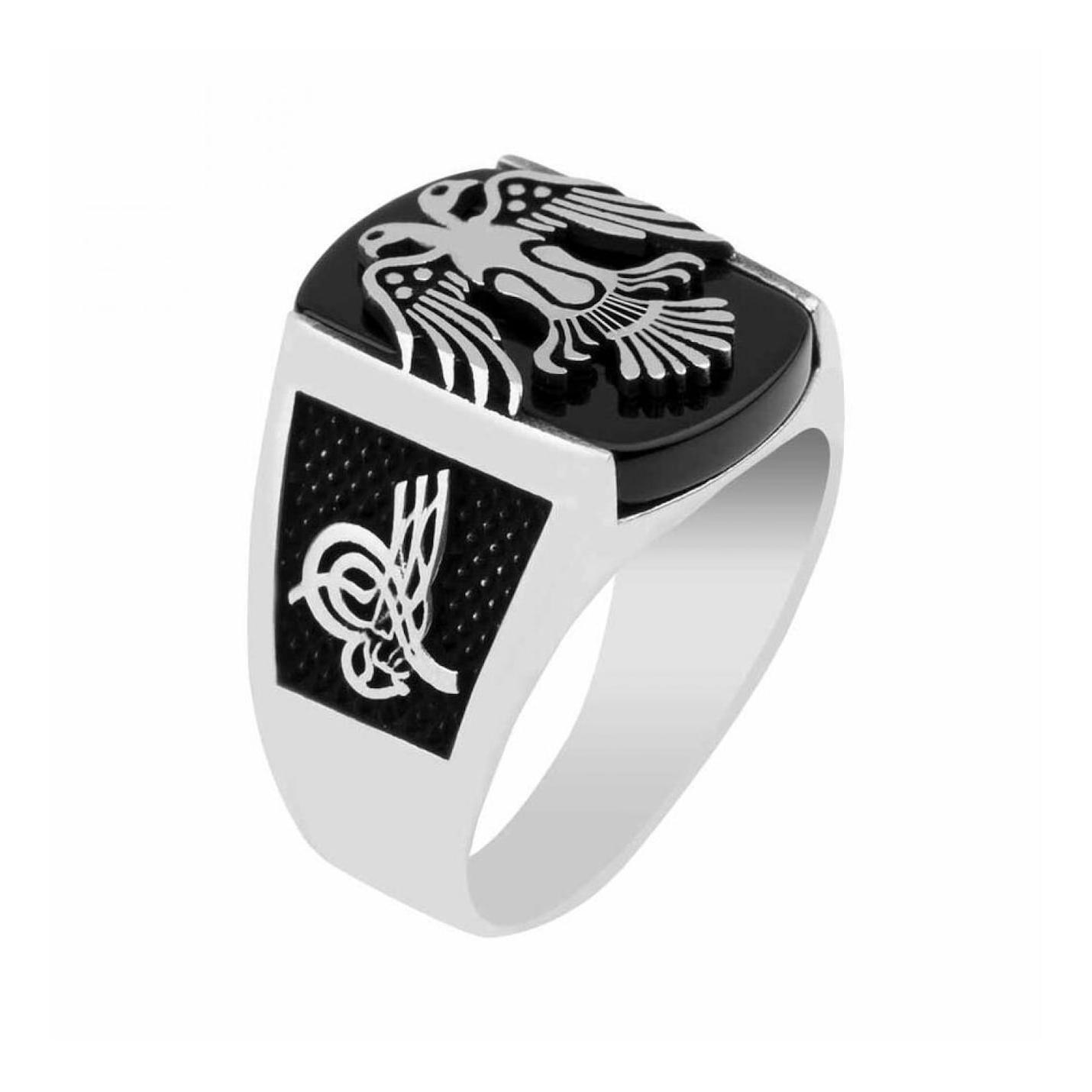 

Erbain Double Headed Eagle Patterned Tugra Black Onyx Stone Silver Ring