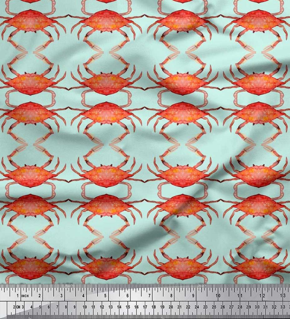 Soimoi Beige Japan Crepe Satin Fabric Crabs Ocean Print Fabric by the metre 42 Inch