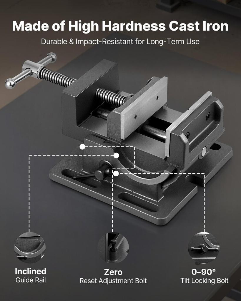 Tilting Vise, 4.25 Inch Jaw Width, Portable Drill Press Bench Vise, 090° Adjustable Tilt, Durable Cast Iron Construction, Workbench Vice for