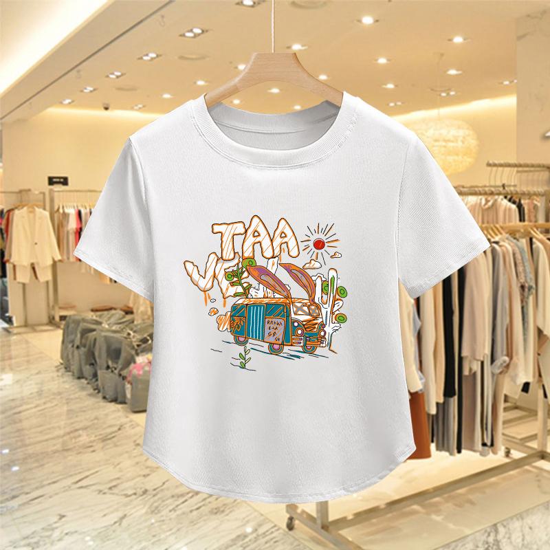 

American retro front shoulder short-sleeved t-shirt women s summer 2025 new pure cotton slim and thin curved hem top ins M