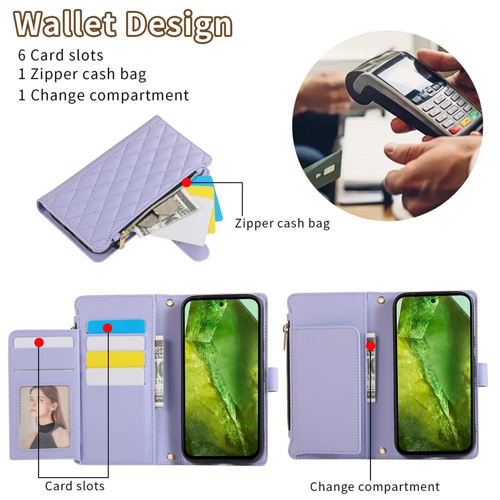 Luxury Crossbody Wrist Strap Zipper Leather Wallet Phone Case for Google Pixel 8 7 6 Pro 8A 7A 6A Magnetic Slot Card Bag Cover