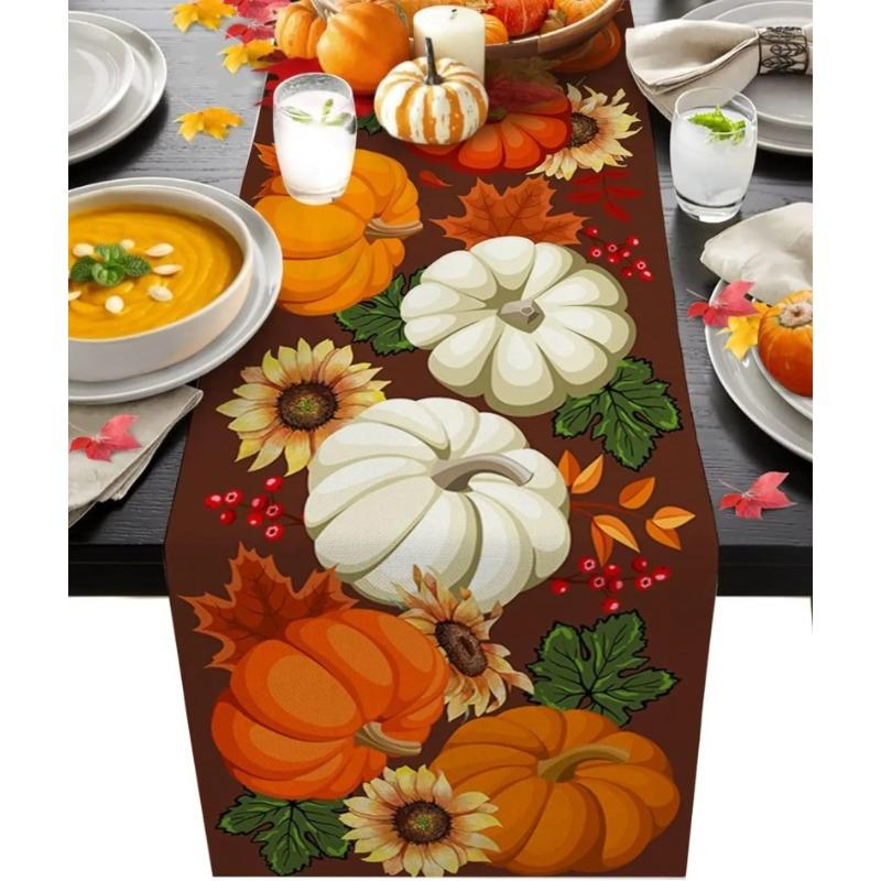 Thanksgiving Pumpkin Printed Table Flag Family Gathering Dinner Pastoral Restaurant Warm Home Decoration Sunflower Maple Leaf Flower Table Runner