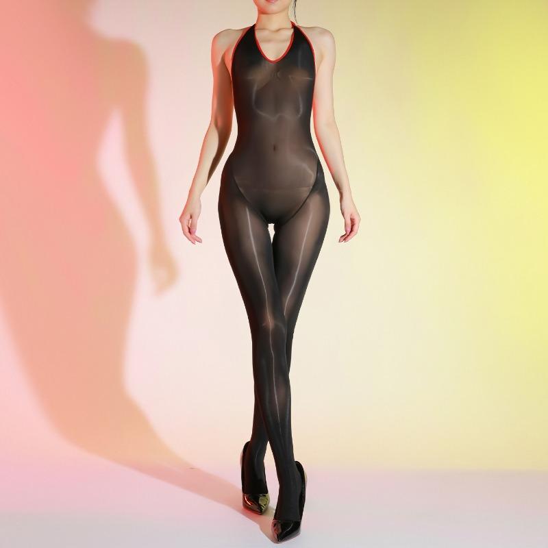 Women Sexy Pantyhose Oil Shiny Halter Neck Strap Bodysuit High Fork Seamless Tight Pantyhose Ultra-Thin Backless Body Stockings