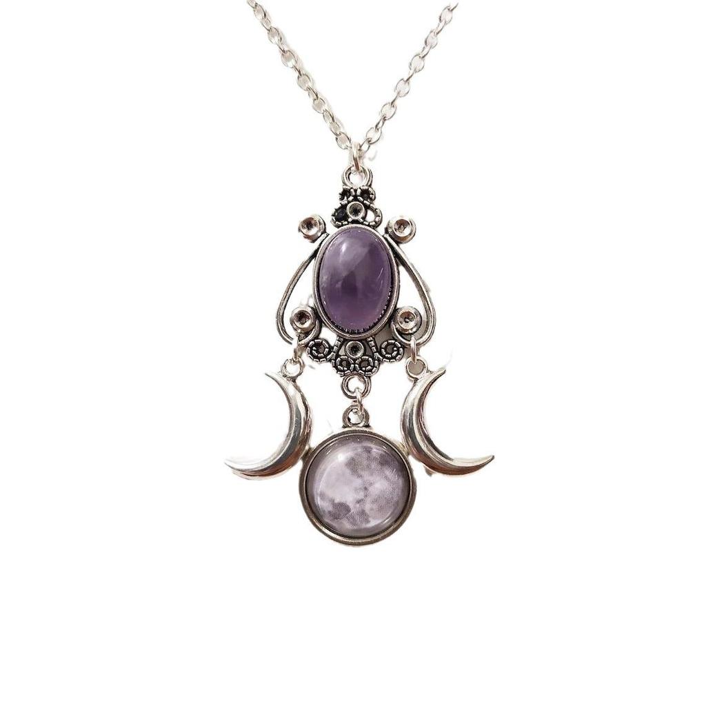 Triple Moon Goddess Amethyst Necklace – Retro Creative Alloy Jewelry