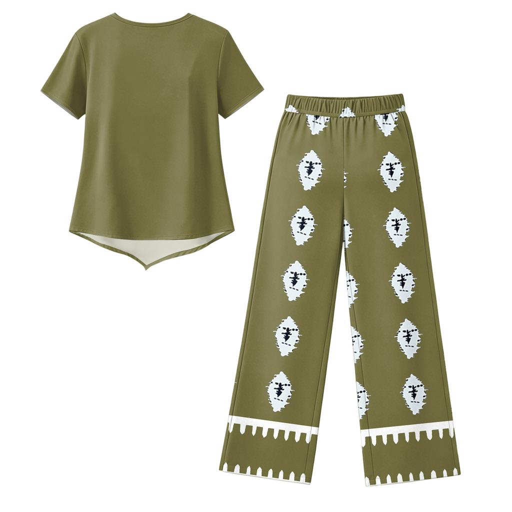 Women Casual Fashion Round Neck Printed Short Sleeve T Shirt and Capri Pants Set Lightweight Comfortable Summer Outfit