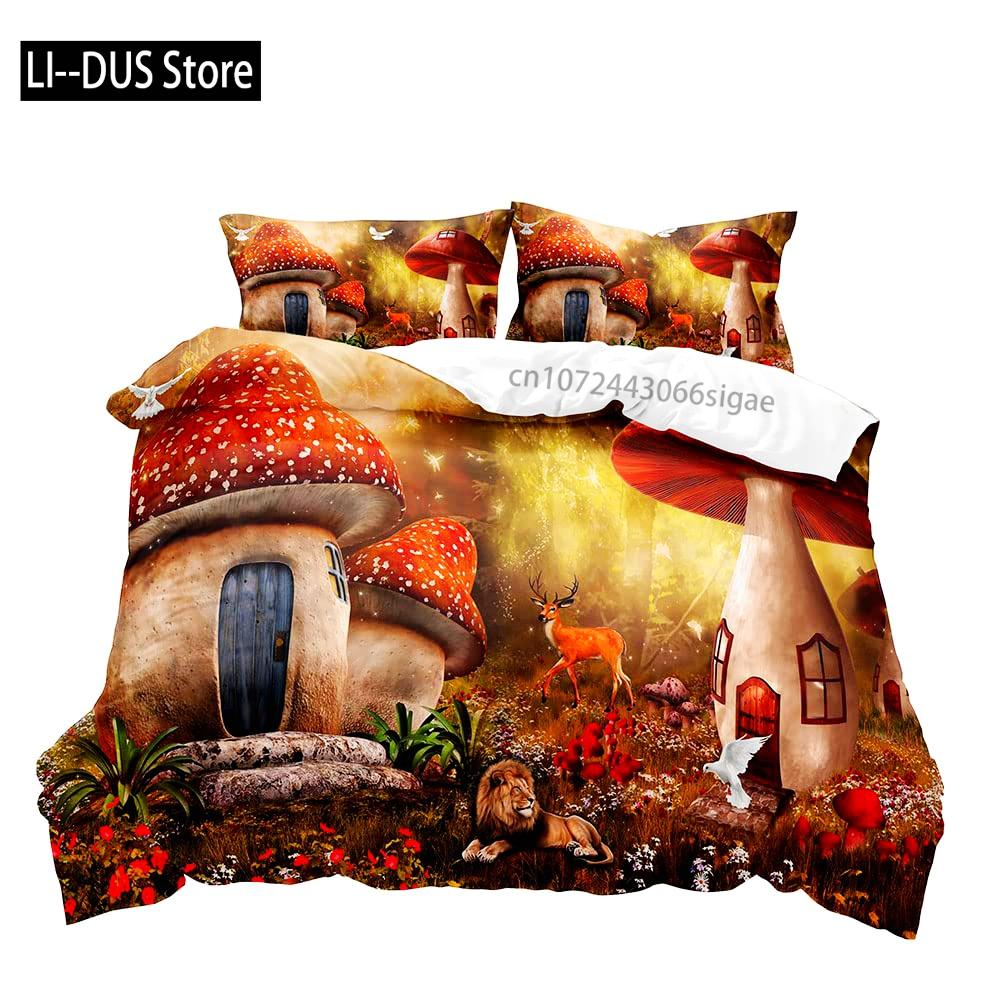 White Mushroom Bedding Set Duvet Cover Full Size Green Plant Botanical Comforter Quilt Cover 2 Pillow Shams for Women Girls