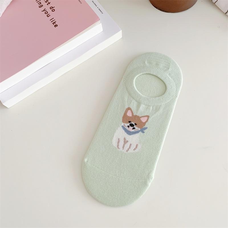 Spring and Summer Cute Little Animal Boneless Boat Socks for Girls, Cartoon School Style Pure Cotton Short Tube Anti-slip Invisible Socks