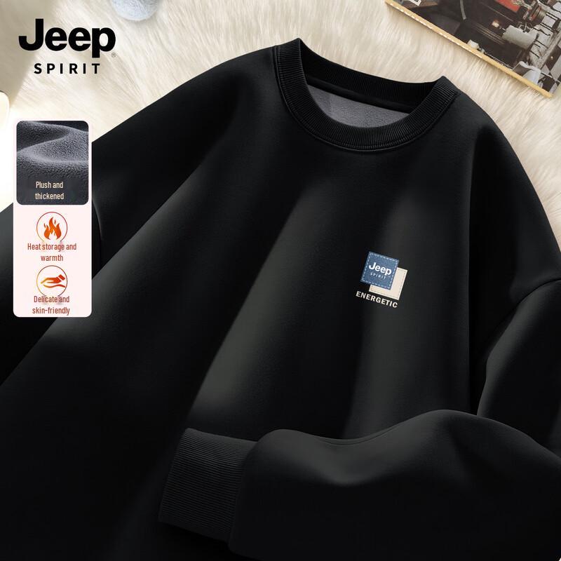 JEEP SPIRIT Men's 2025 Autumn/Winter Fleece-Lined Loose Fit Round Neck Sweatshirt