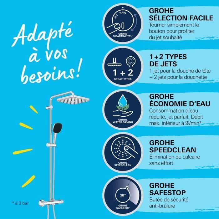 Colonne de douche avec mitigeur thermostatique - Economie d'eau - GROHE Vitalio Comfort 250 - Chromé - 26696001