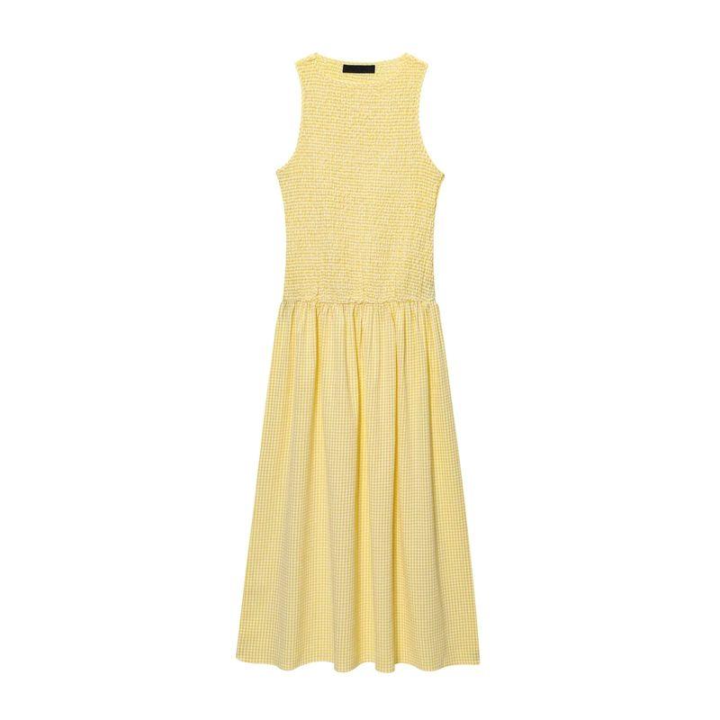 Summer New Women clothes Honeycomb Format Elastic round Neck Sleeveless Midi Dress 3067329 3067229