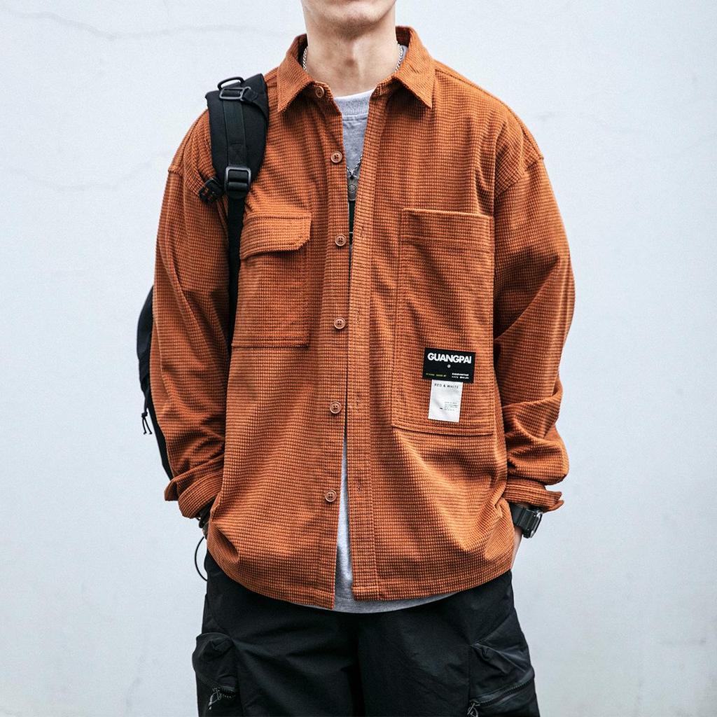 Men's Waffle-weave Japanese Retro Shirt, Youth Spring and Autumn Oversized Long-sleeved Loose-fitting Casual Workwear Jacket