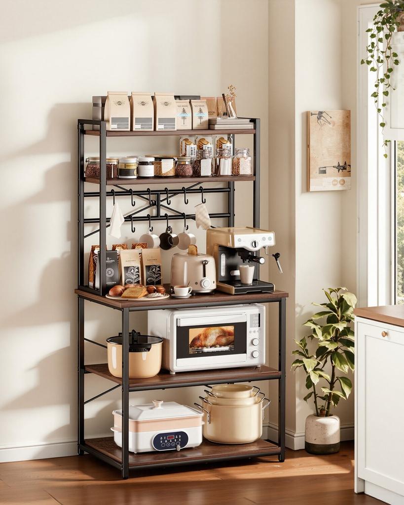 Kitchen Bakers Rack, 800 Mm Width Bakers Rack, Kitchen Stand with X-Shaped Support Bar, 12 S-Shaped Hooks, Double-Layer Top Shelf, Coffee Bar Stand