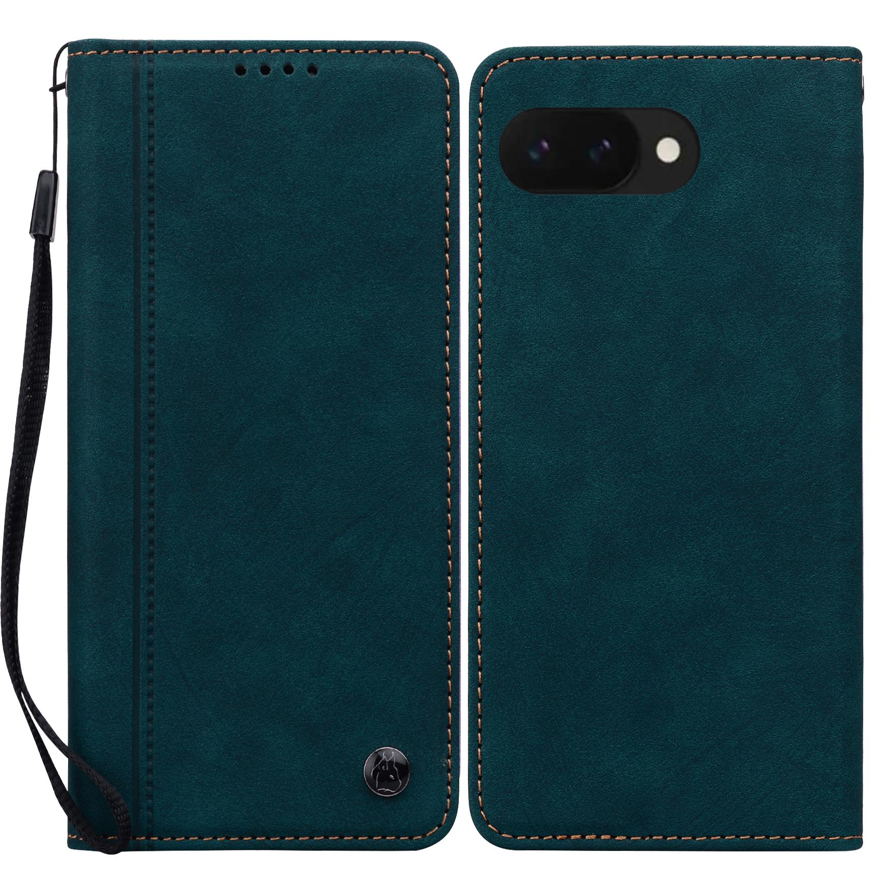 

For Google Pixel 9a Case Lines Pattern Wallet Leather Phone Cover with Strap Green