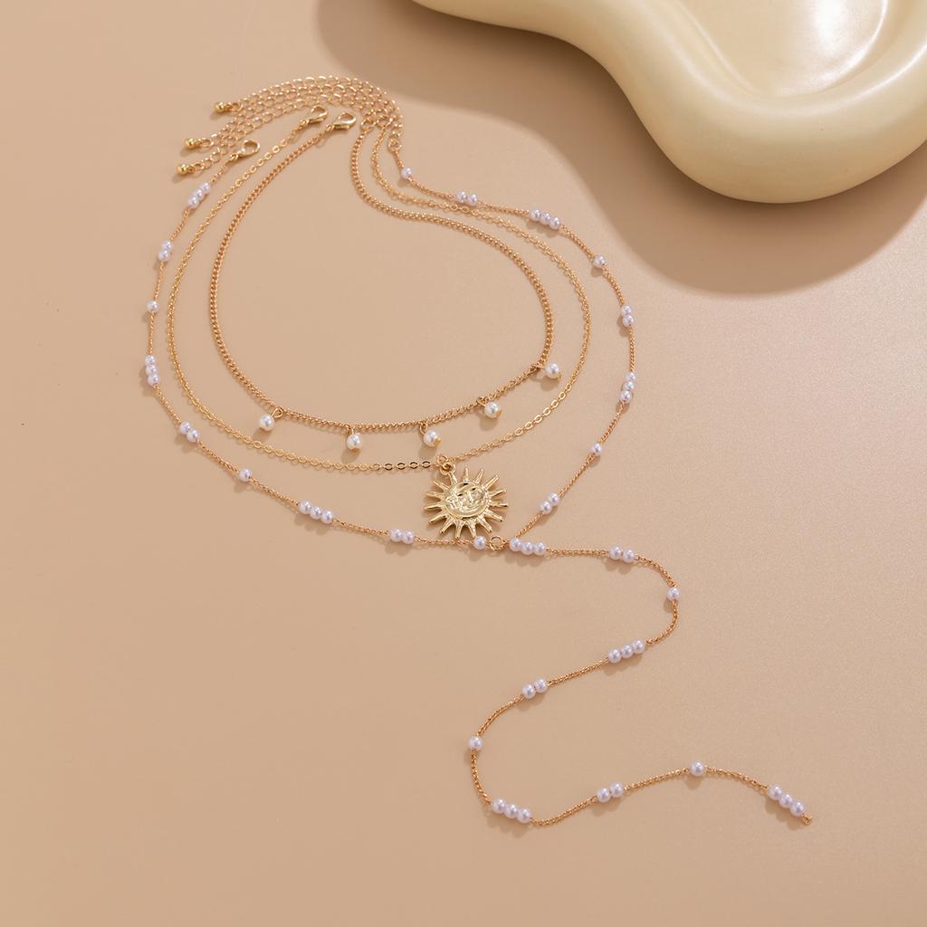 Ins Sun Alloy Pendant Collarbone Chain French Temperament Pearl Beaded Long Necklace Fashionable Commuter Stacking Style Holiday Women's Jewelry