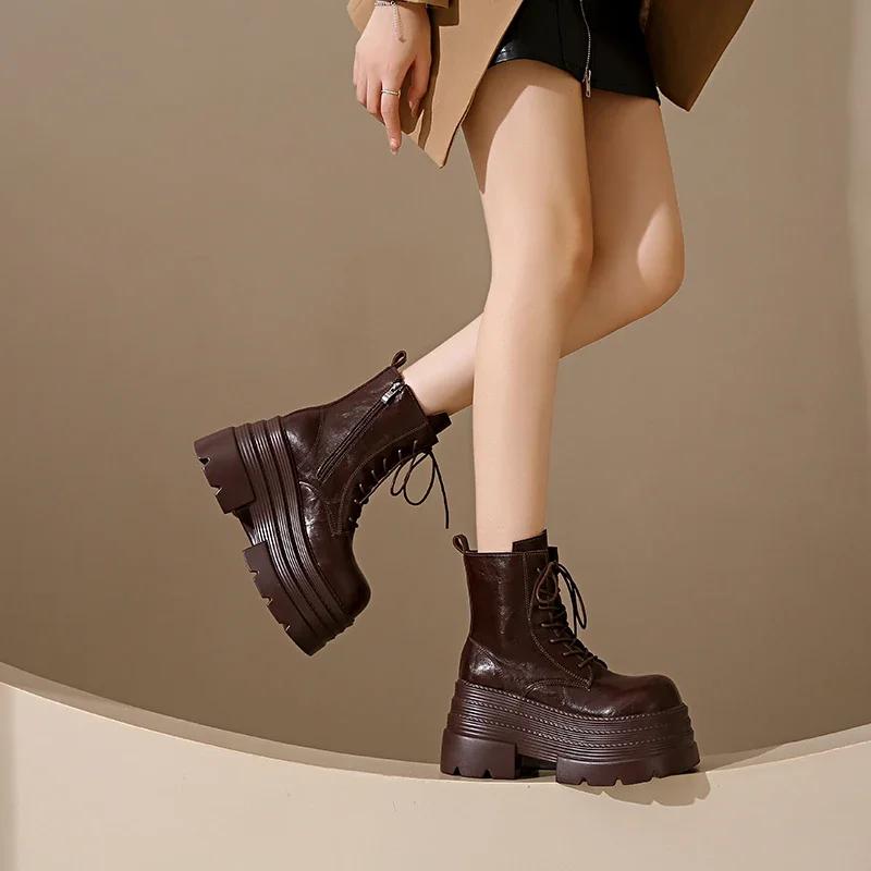 Women High Platform Boots Gothic Leather Punk Shoes Female Ankle Short Combat Boots 10.5CM Wedge Heels Chunky Motorcycle Boots