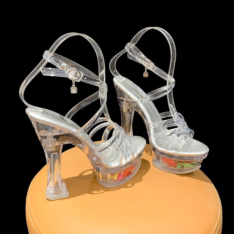Crystal Transparent Bottom Thick Heel with Flower Cross Belt Super High Heel Women's Single Shoes Sandals Wedding Bridesmaid Shoes