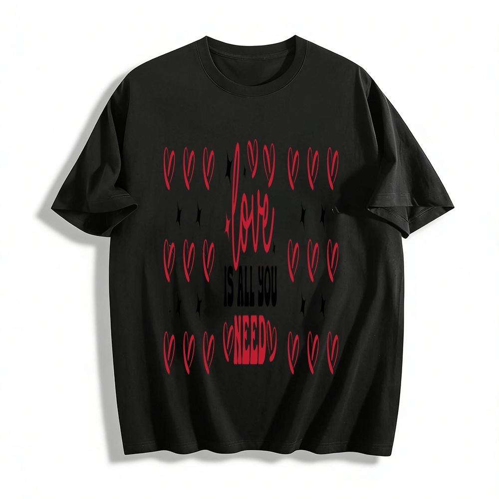 Love Is All You Need Slogan Tee Heart Print Casual Romantic Top Pure cotton T-shirt XXS