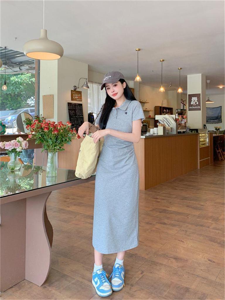 Women's Embroidered Polo Collar Short-Sleeved T-Shirt Dress - Waist-Cinching Slim Summer Long Skirt, Academy Style.