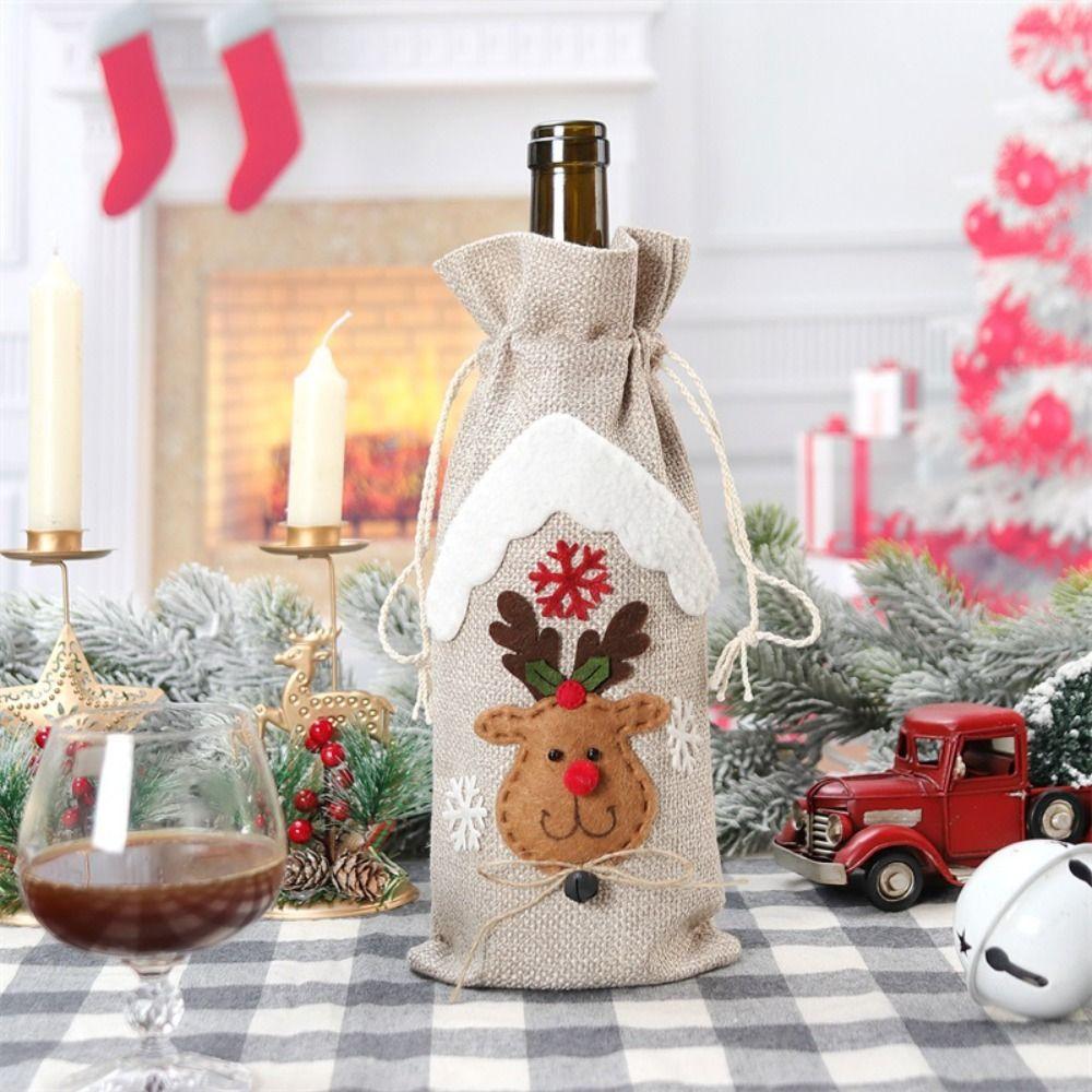 2pcs Portable Christmas Linen Wine Bottle Cover Cartoon Santa Claus Snowman Elk Champagne Wine Bag Exquisite Reusable