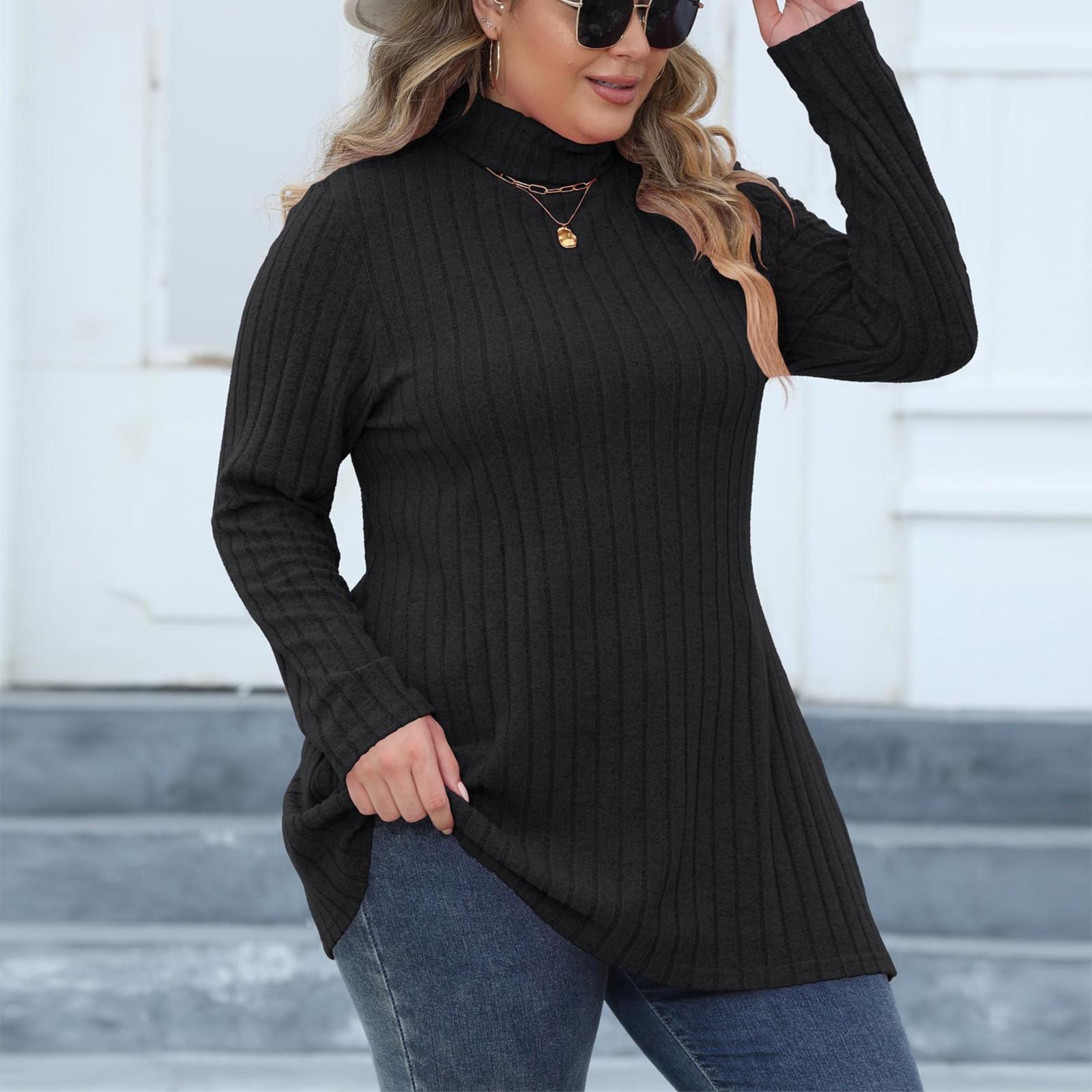 

Женская базовая футболка большого размера с высоким воротом, облегающего кроя, в полоску и с разрезами средней длины XL чёрный