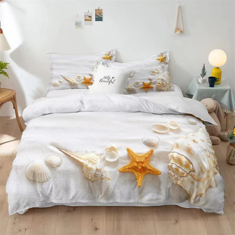 Beach Duvet Cover Set Seashell Starfish Bedding Set Microfiber Conch Scallop Print Comforter Cover Double Full For Kids Adults