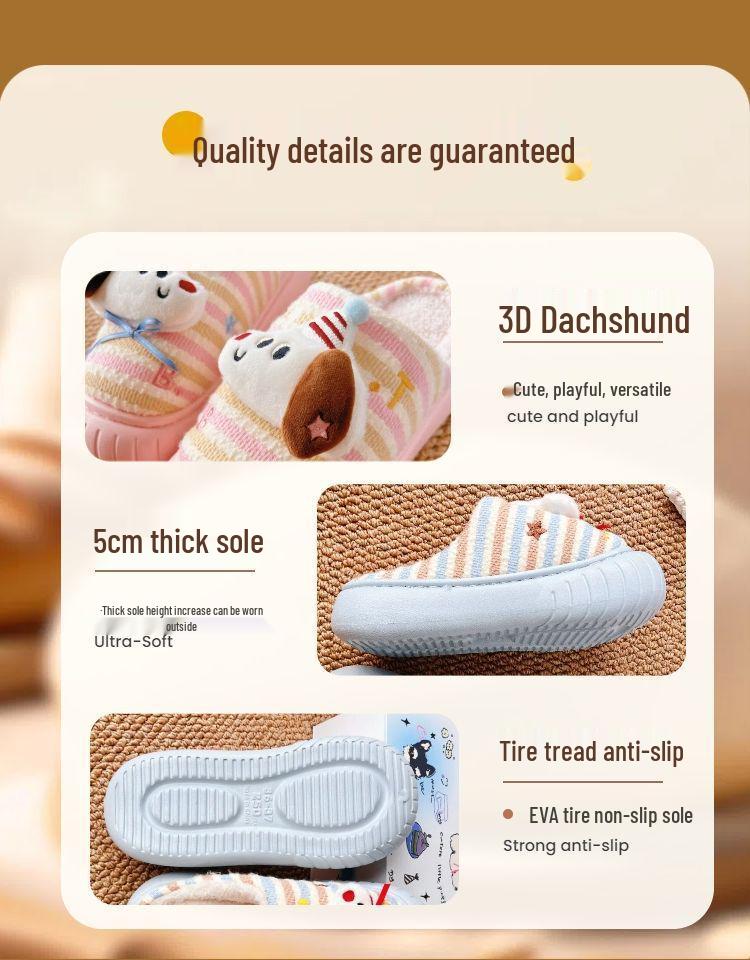 Dámské roztomilé bavlněné pantofle s jezevčíkem - Zvyšující výšku, protiskluzové, chlupaté, domácí obuv na podzim/zimu