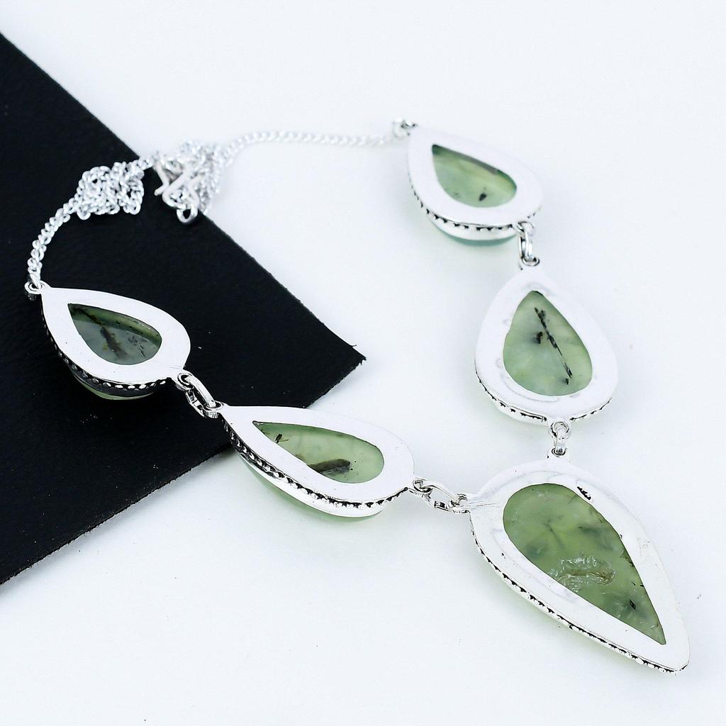 Prawdziwy Kamień Prehnitowy Ręcznie Robiony Naszyjnik ze Srebra Próby 925, Srebrny Naszyjnik z Kamieniem, Biżuteria z Kamieniem Prehnitowym Dla Kobiet, Na Prezenty