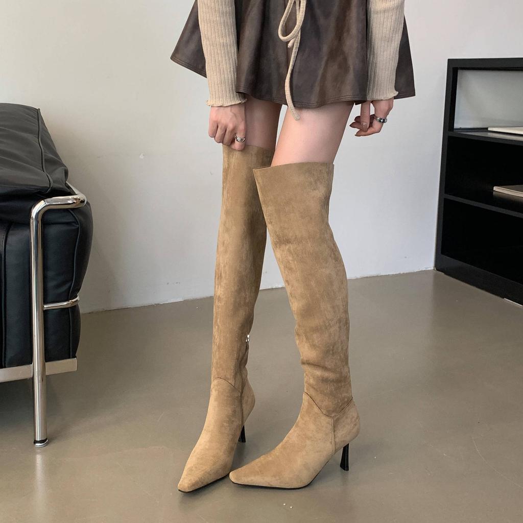 2025 autumn and winter new over-the-knee boots for women wear large tube circumference suede pointed heel high heel pleated piled boots
