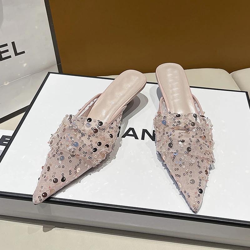 Fashion 2024 Fashion Women's Shoes Baotou Women's Slippers High Quality Sequins Dress Slippers Women Sexy Pointed Toe Heels Womenzapatos