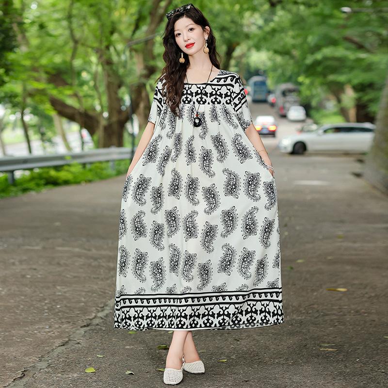 New Bohemian ethnic style short-sleeved summer cotton and silk dress loose fashion large size artificial cotton long skirt