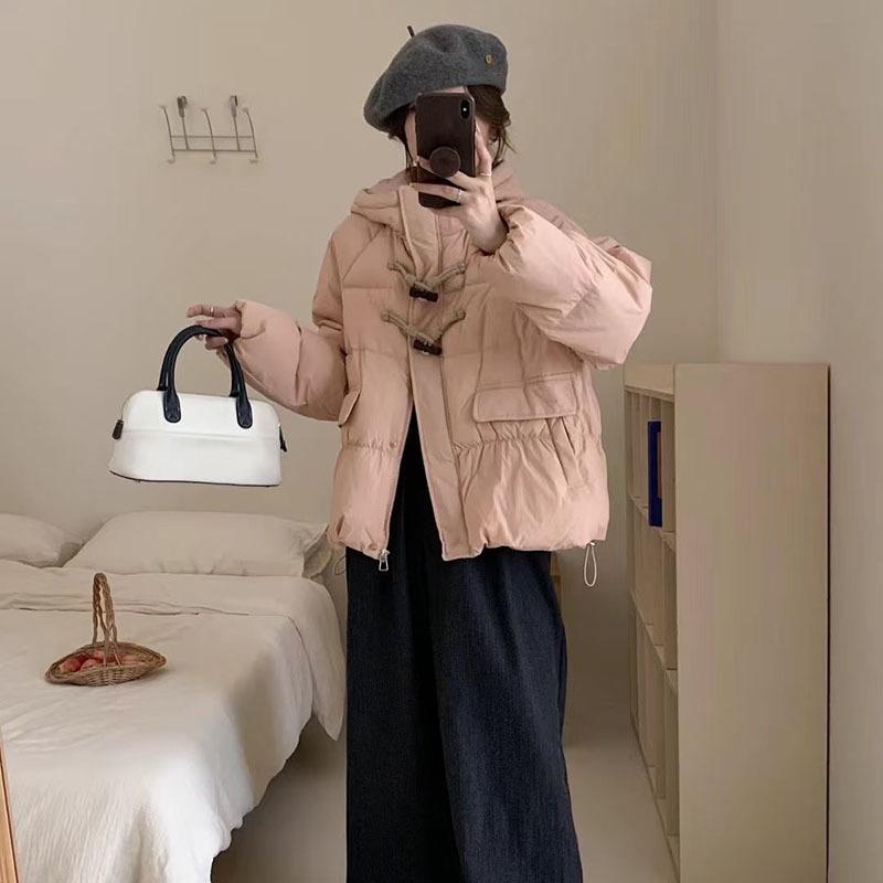 Short hooded down jacket women's 2024 winter fashion sweet barrel buckle thickened white duck down bread jacket tide