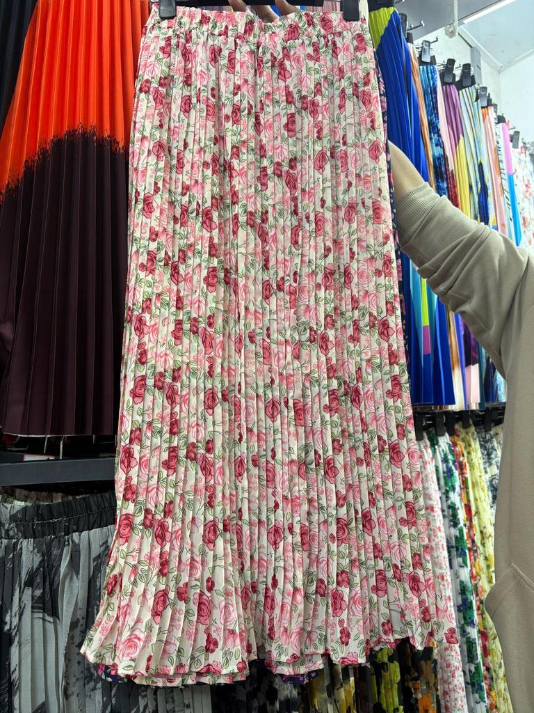 European & American Pleated Print Midi Skirt, Soft Chiffon Fabric, High Waist, Versatile Style