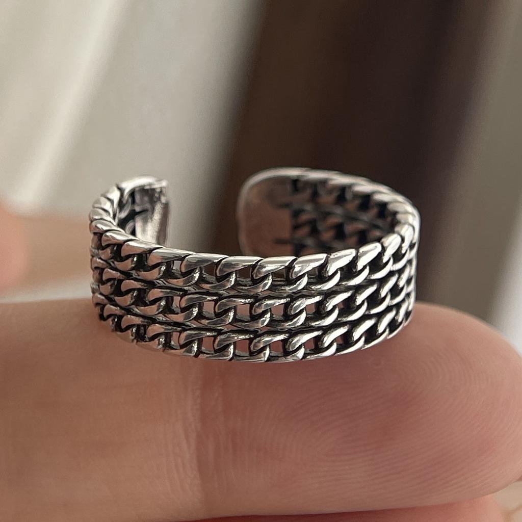 925 Sterling Silver Rings for Women Couple Minimalist Handmade Simple Wide Retro Chain Ring Fine Jewelry Gift Prevent Allergy