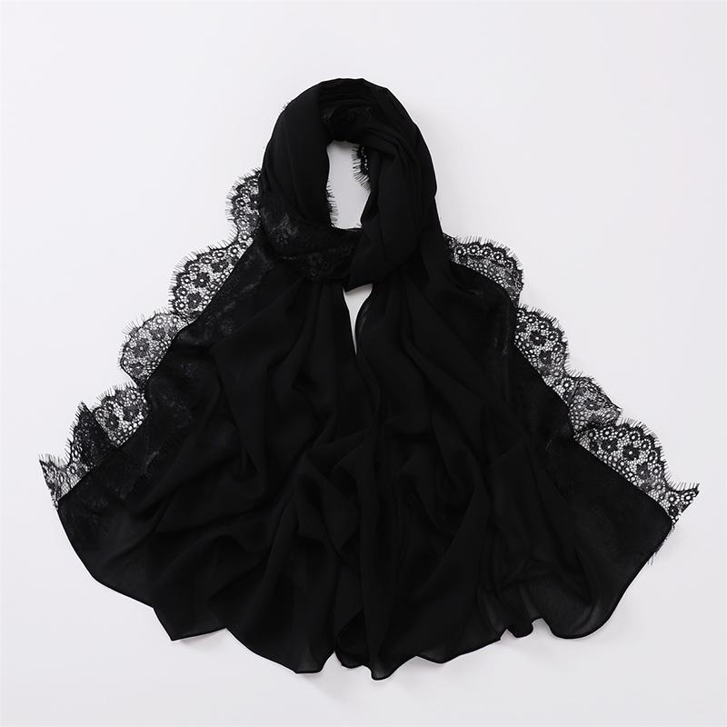 Women Big Size Plain Solid Rayon Cotton Hijab Scarf Lady Lace Trim Wrap Shawls  Islamic Turban Ramadan Muslim Headband 170X70Cm