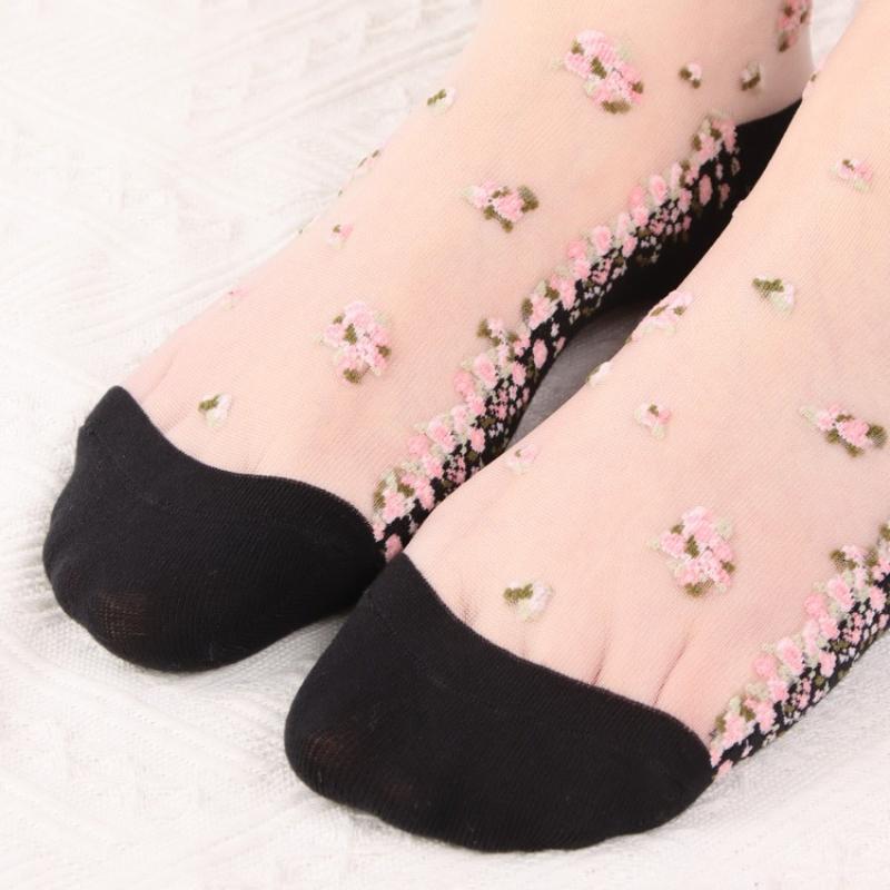 2 Paar Damen-Sommersocken mit Blumenmuster, dünn, transparent, elastisch, atmungsaktiv