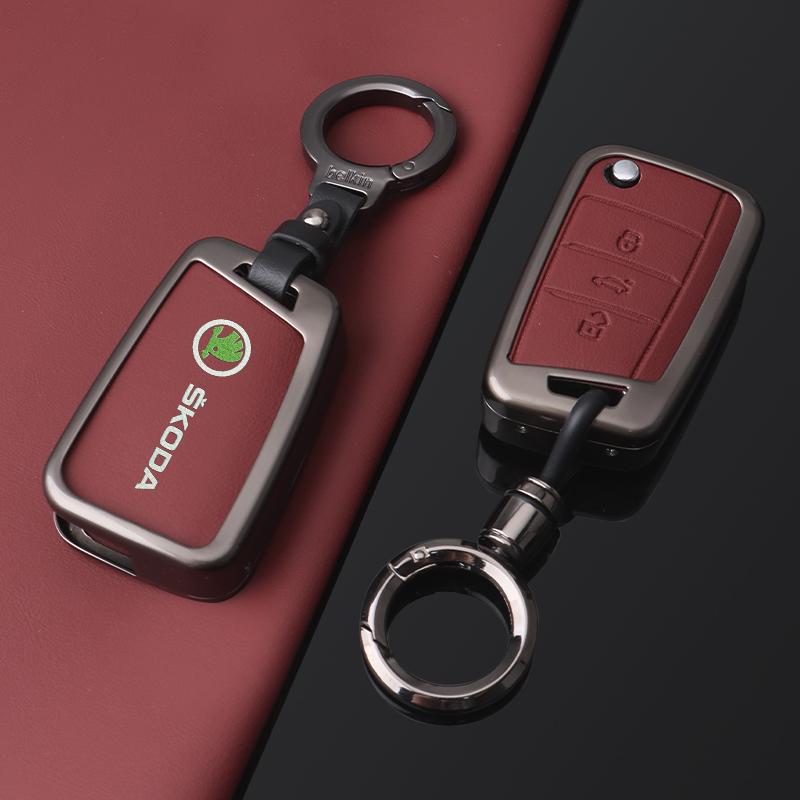 EMIW1 Zinc Alloy Leather Car Remote Key Case Fob Cover Holder Shell for Skoda Octavia Kodiaq Karoq Protector Keychain Accessories