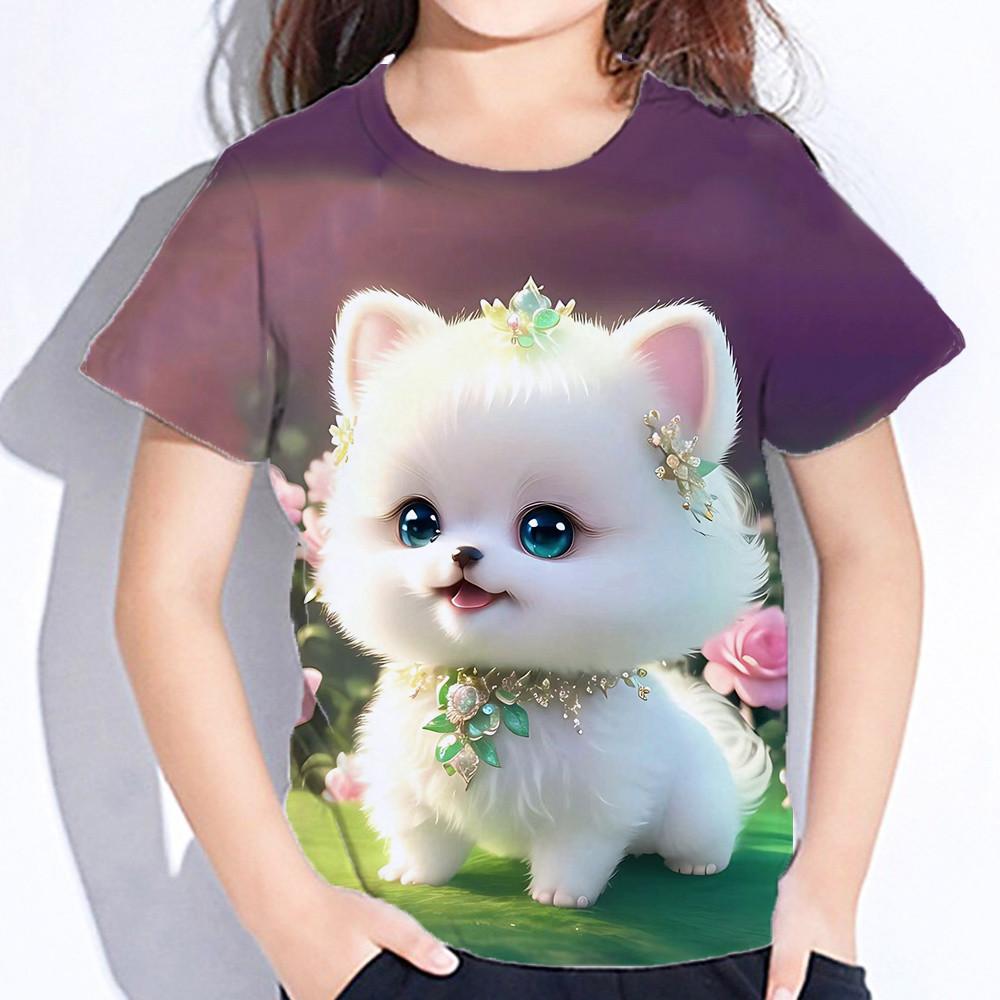Toppar för barn Kortärmade sommarkatt T-shirts Flicka Barnkläder 3d-tryck T-shirts Koreanska Kawaii T-shirts Från 10-14 år