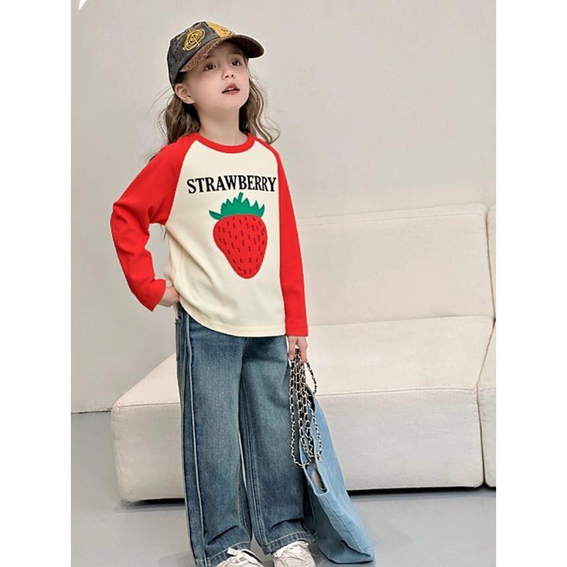 Girls' New Spring Korean-Style Brand Foreign Trade Children's Clothing, Children's Patchwork Strawberry Pure Cotton Long-Sleeve T-Shirt Baby Clothes