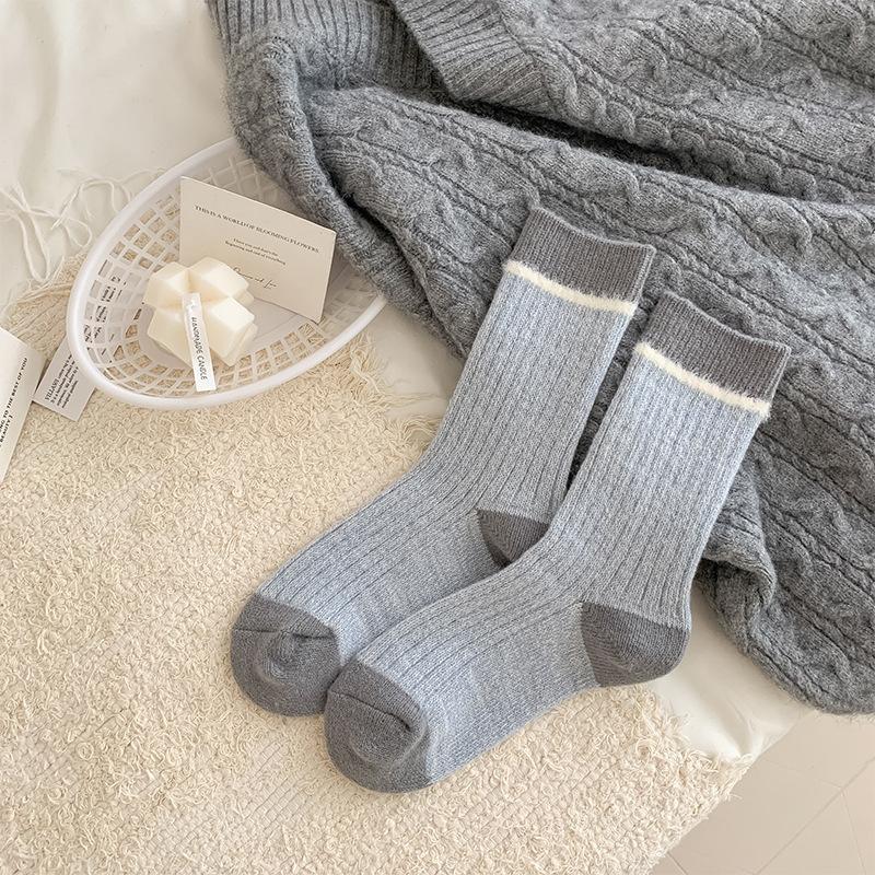 Autumn New Products Xiaohe Si Trendy Socks Thick Needles And Threads And Hairy Contrasting Colors In The Middle Tube Pile Of Socks Girls