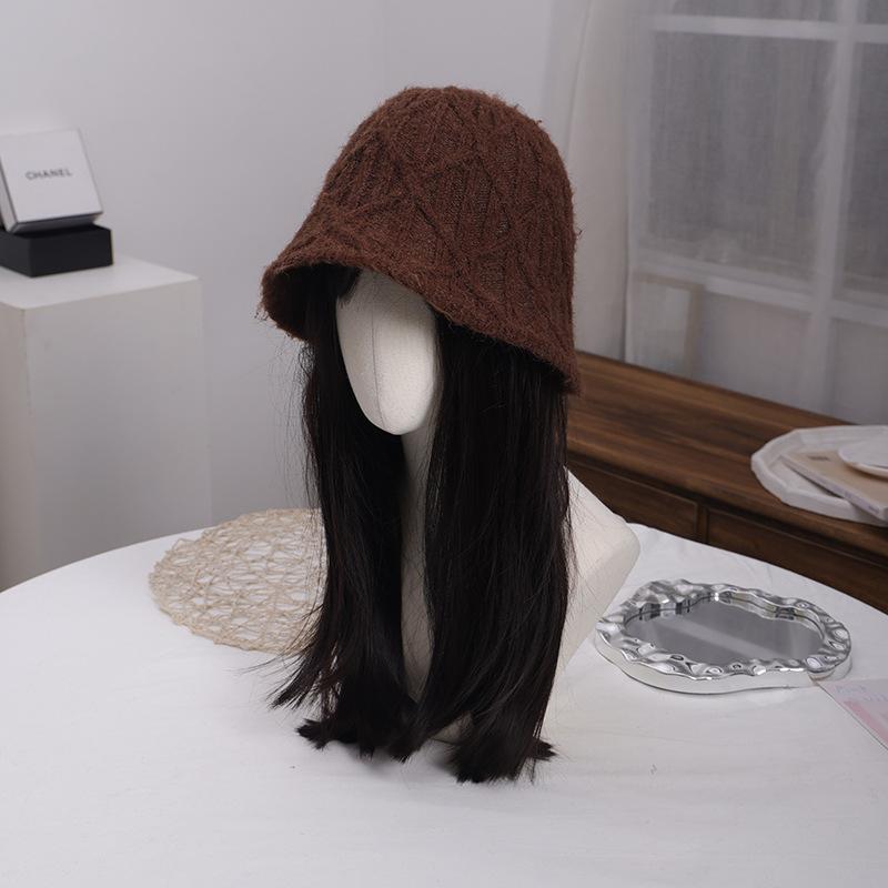 New lazy wind bucket hat women's autumn and winter rhombus knitted hat versatile bag head wool hat cold hat