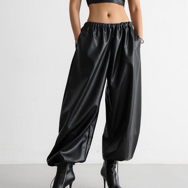 

Women s Fashion Leather Pants Drawstring Cuffed Bell-Bottom Pants Loose-Fit Leather Pants PU Leather Long Pants L чорний