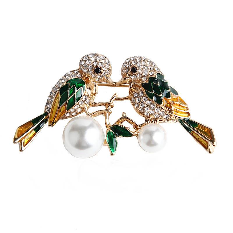 Trendy Rhinestone Kissing Lovebirds Brooch - Handmade Enamel Lapel Pin Accessory