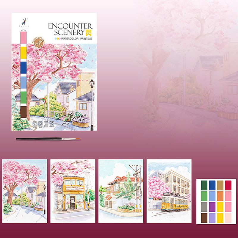 Přenosný akvarelový malířský blok 4 listy omalovánka se štětcem k malování kvašový blok dětské graffiti kreslení obrázků psací potřeby