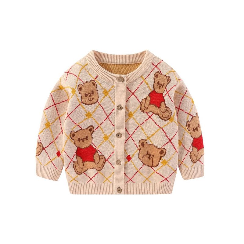 Autumn and Winter Kidsren's Bear Jacquard Cardigan Knitwear for Boys and Girls Plaid Knitwear Baby Round Neck Knitwear Jacket