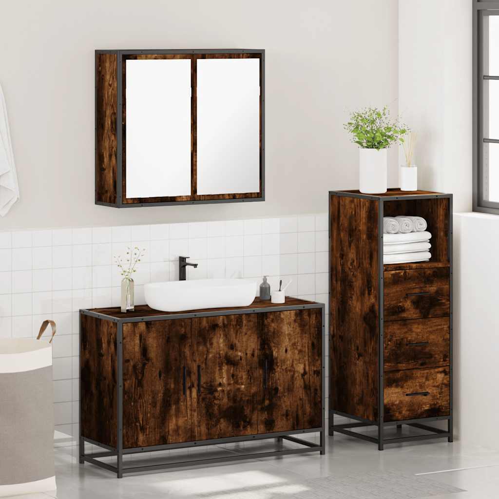 3 Piece Bathroom Furniture Set Smoked Oak Wood Based Material