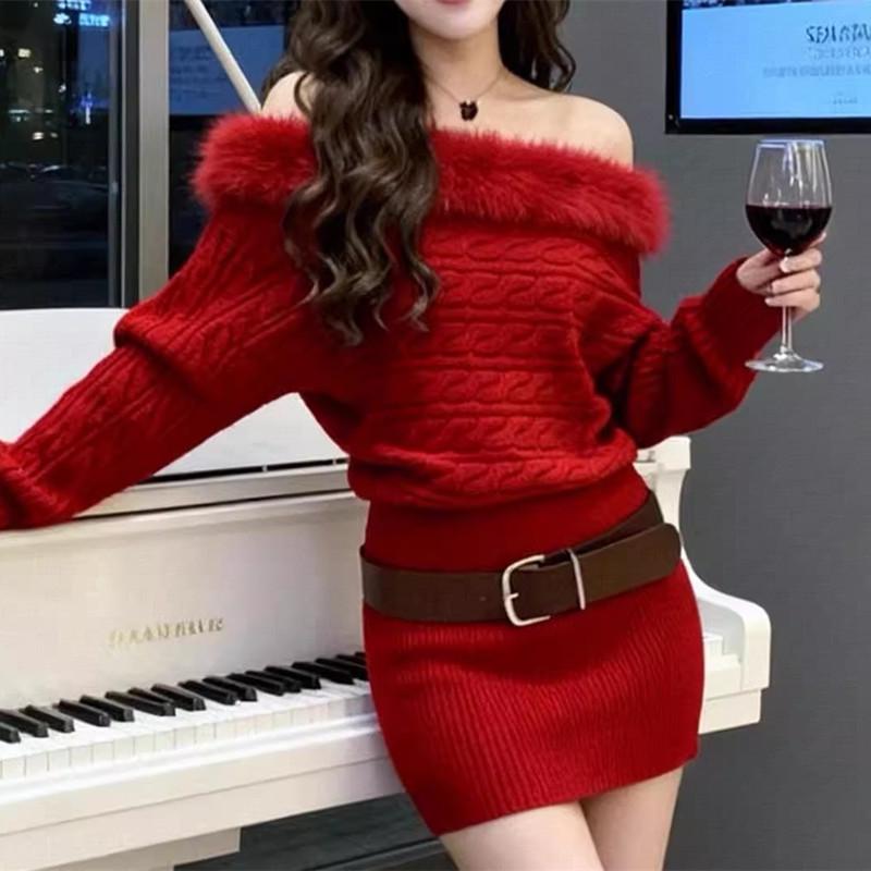 Elegant Off-the-Shoulder Cable Knit Fluffy Patchwork Sweater Dress One Size B59 [80-120]